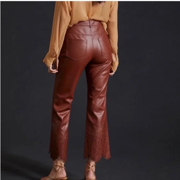 NWOT Anthropologie Laser-Cut Faux Leather Trousers Brown Size 14 Fall Autumn - Picture 16 of 17